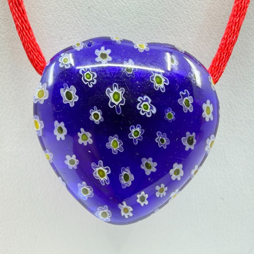Blue Millefiori Glass Heart Pendant Necklace with Red Cord - Boho Chic
